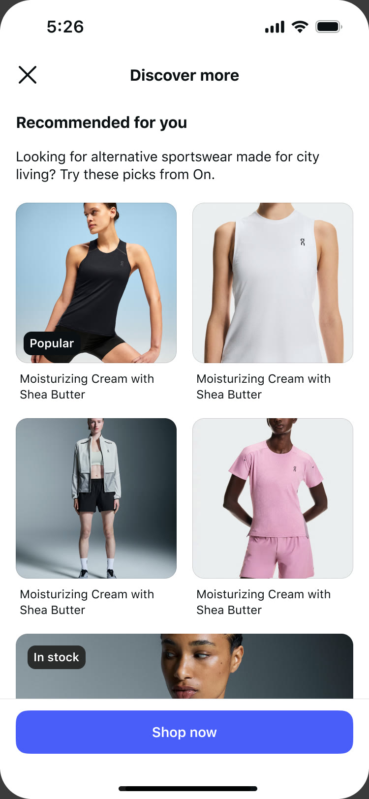 Dynamic landing page: a recommended-for-you product grid filling the screen.