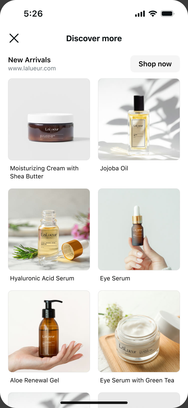 Instagram commerce page: a new-arrivals product grid in a sheet over feed.