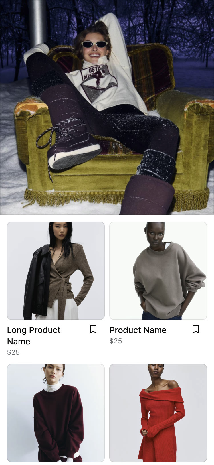Instant Experiences: a full-bleed editorial image above a two-column product grid.