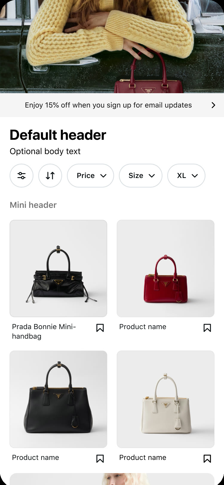Native shops collection: a brand hero above filters and a two-column product grid in the full shops surface.
