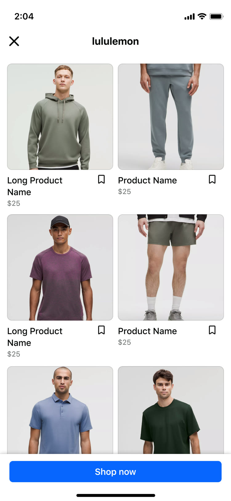 Watch and Navigate: the lululemon product grid, two columns of product tiles with names and prices.