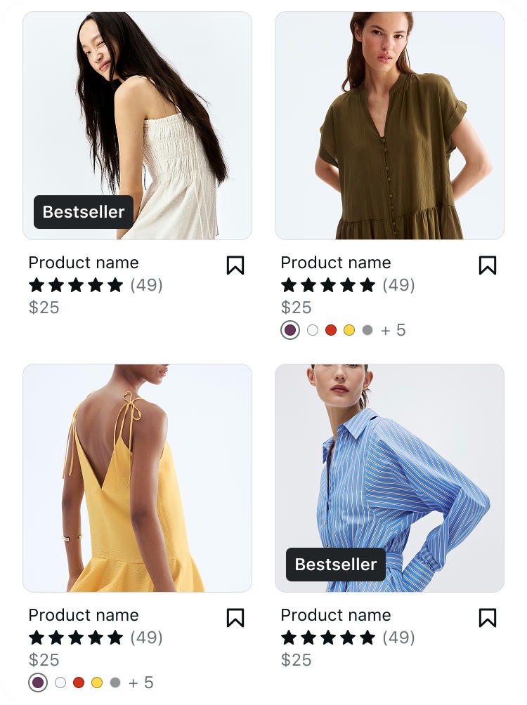 The same tiles before the change: a Bestseller badge on the image, and nothing beneath the price.