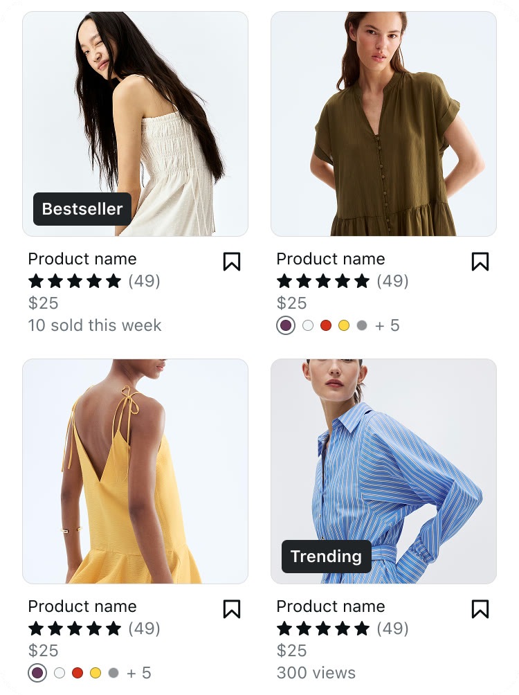 Product tiles carrying Bestseller and Trending signals, with supporting metadata lines such as 10 sold this week and 300 views.