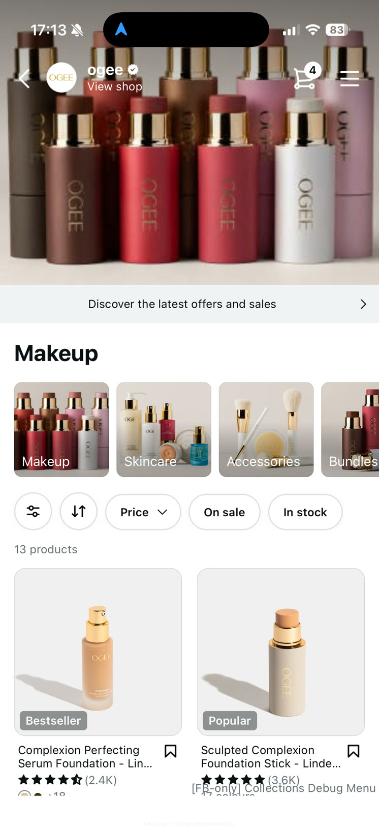 A collection page with sub-category tiles across the top, above sort and filter controls and the product grid.