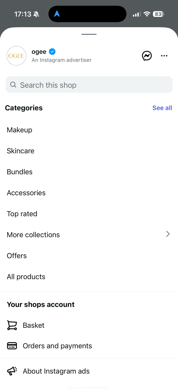 The shop menu listing categories: Makeup, Skincare, Bundles, Accessories, Top rated, More collections, Offers and All products.