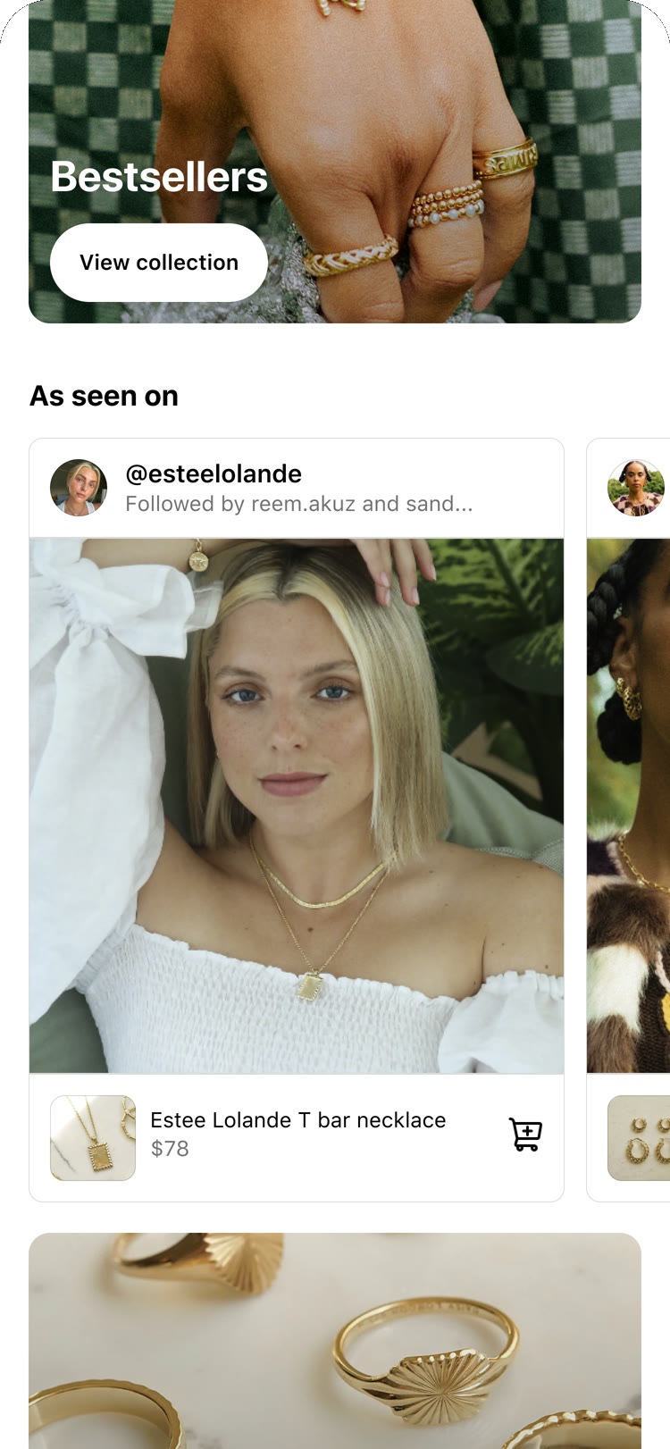 The tested shop page: a Bestsellers collection above an As seen on row of creator posts, each shoppable.