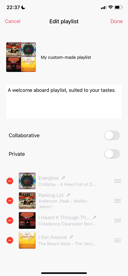 Deezer edit-playlist screen with details and track list