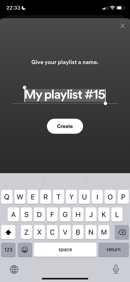 Spotify create-playlist sheet with auto-generated "My playlist #15" title