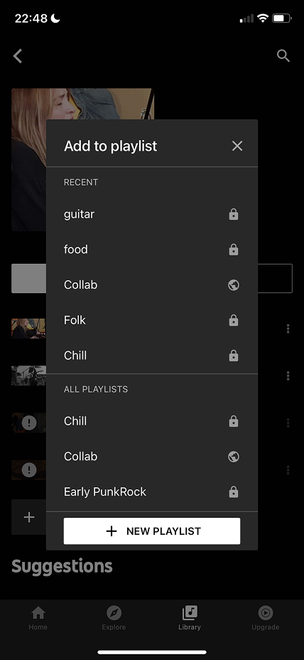 YouTube Music add-to-playlist modal with no search or filter