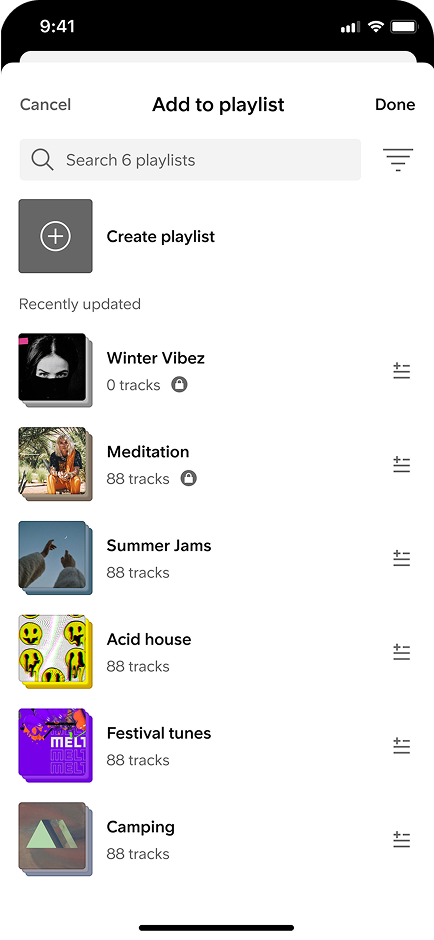Multi-select state with checkmarks across playlists