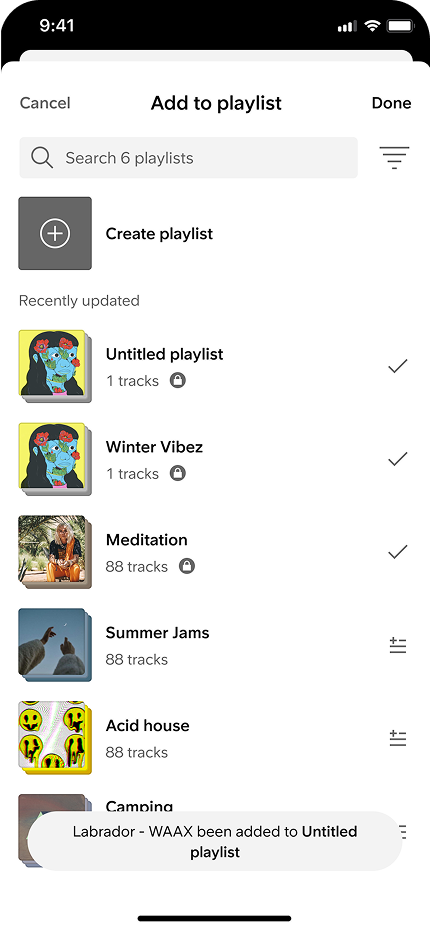 Add to playlist sheet with sort and search