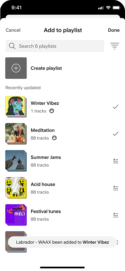 Confirmation toast after adding the track to a new playlist