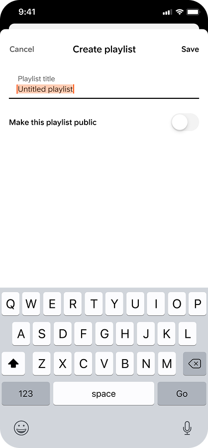 Create playlist sheet with title input + public toggle
