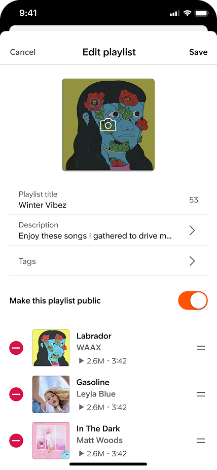Split direction, Edit details tab showing playlist metadata