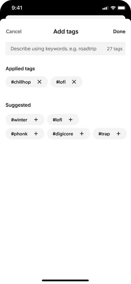 Tags modal, custom tags + suggestions surfaced from library