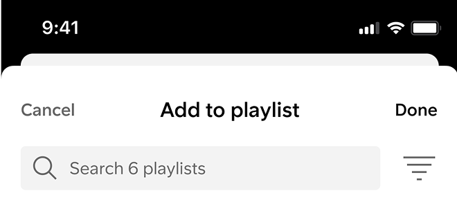 Add-to-playlist sheet header with sort icon (before)