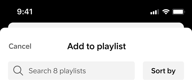 Add-to-playlist sheet header with "Sort by" copy button (after)