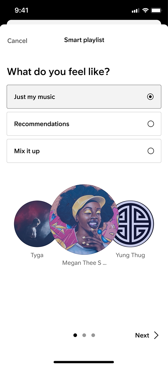 Smart playlist, "What do you feel like?" picker that generates a playlist in 10 seconds