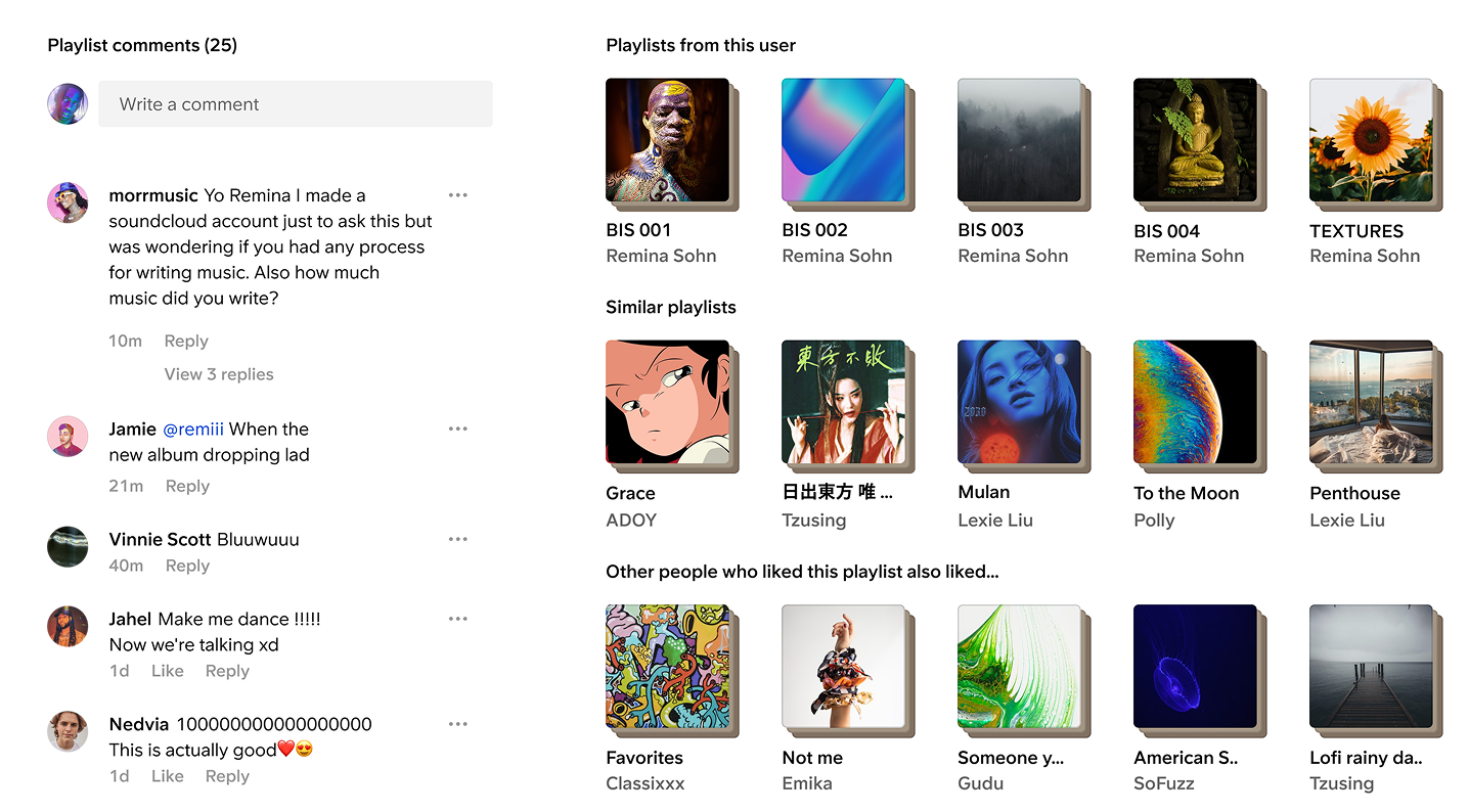 Playlist comments + Similar playlists + Other listeners' picks, social engagement explorations